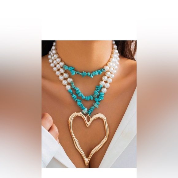 Jewelry - Pearl and Turquoise Multi-Strand Necklace with Gold Heart Pendant, New.